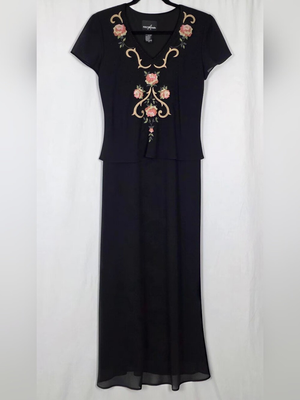 Positive Attitude Black Maxi Dress with Pink and Cream Floral Embroidery Size 6